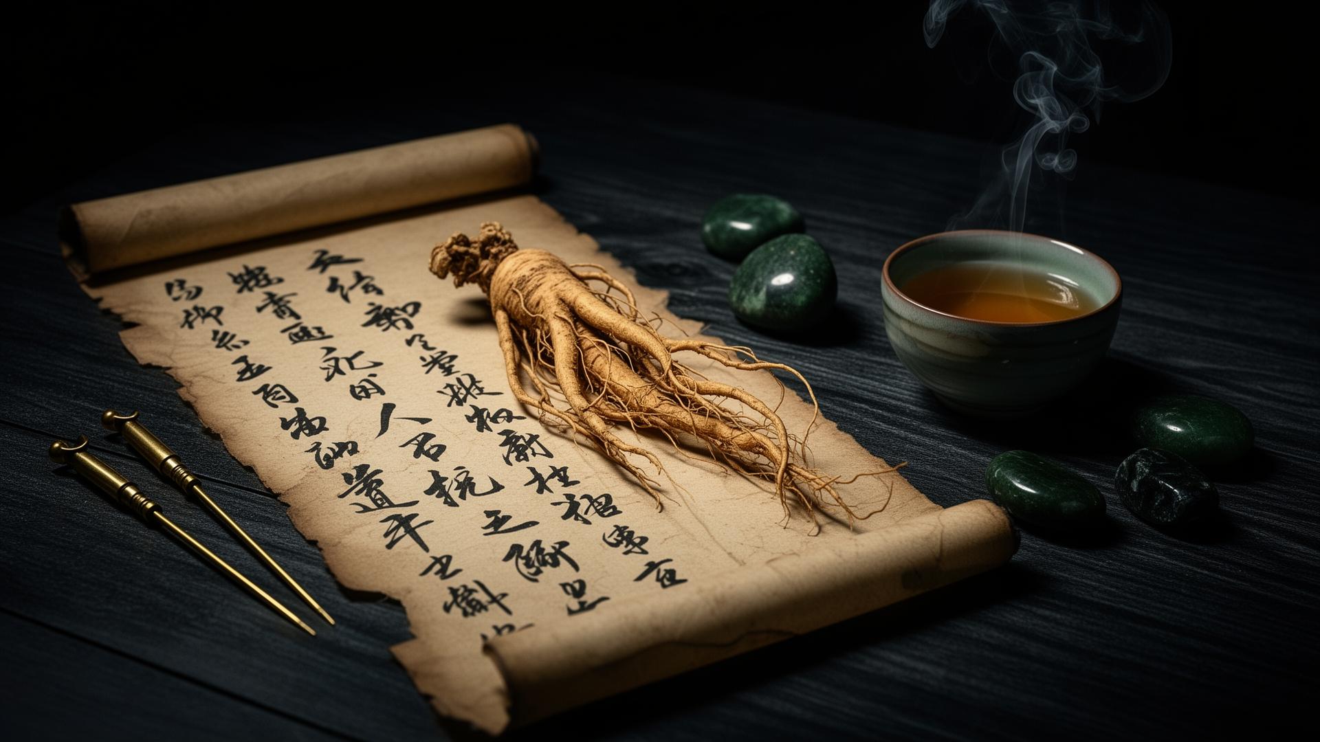 Parchemin ancien de médecine chinoise avec ginseng, aiguilles d'acupuncture et tasse de thé
